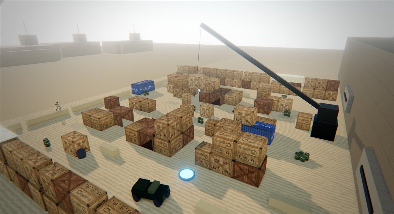 Beachhead: a maze of shipping crates on the sand under a dockside crane