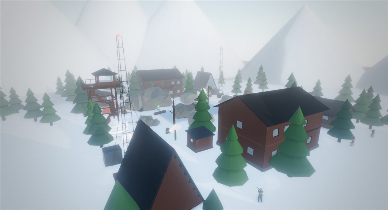 Frostbite: log cabins and a fire tower among snowy pines