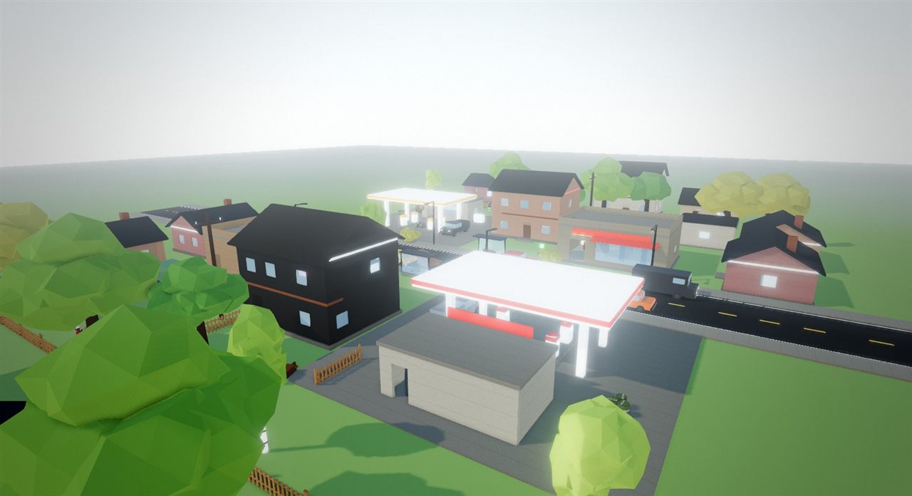 Mainstreet: houses, a gas station and a corner store along a small-town road