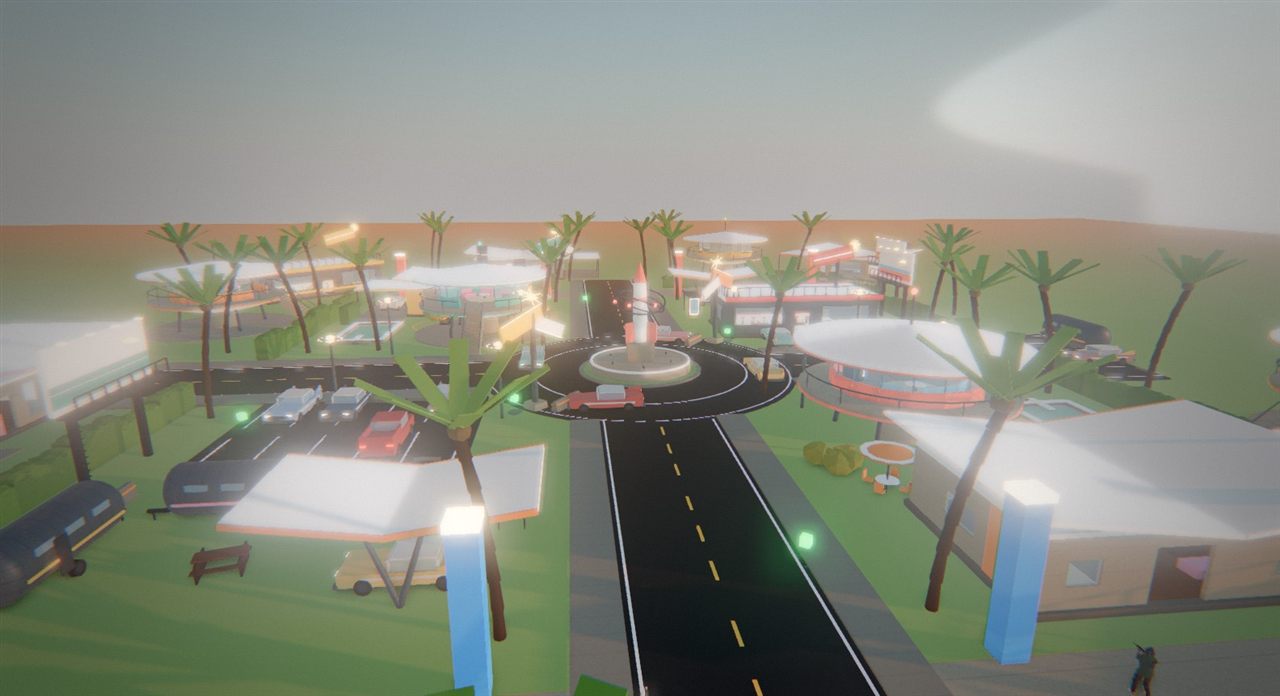 Sunset Heights: retro motels and palm trees around a rocket roundabout
